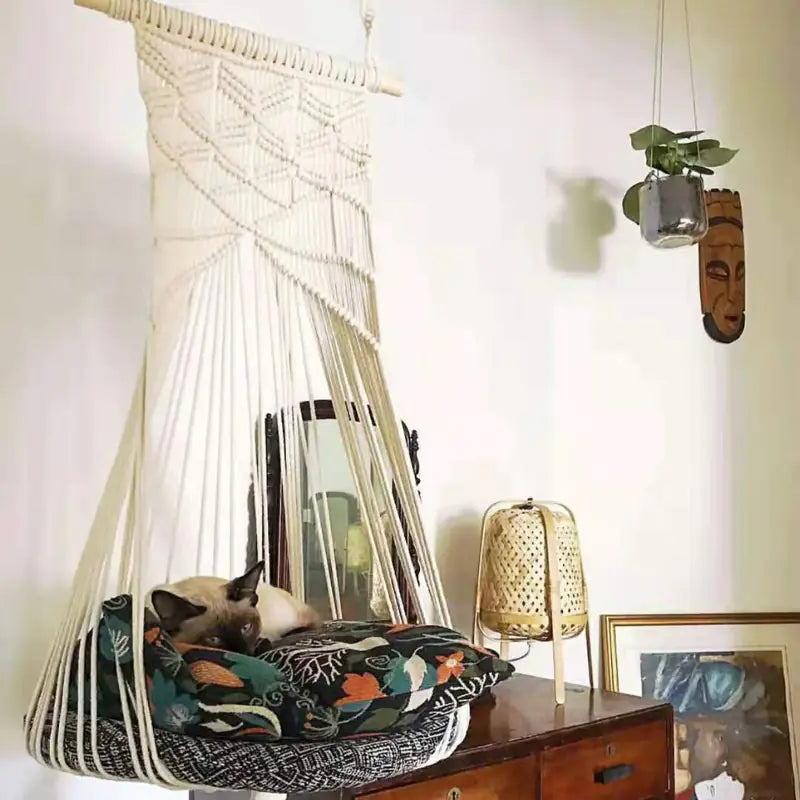 Bohemian Cat Swing Pet Bed with Handmade Lace Design
